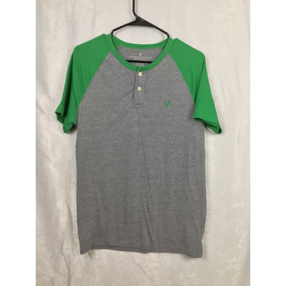 American Eagle Outfitters Mens T Shirt Size S Gray Green Short Sleeve 2 Button
